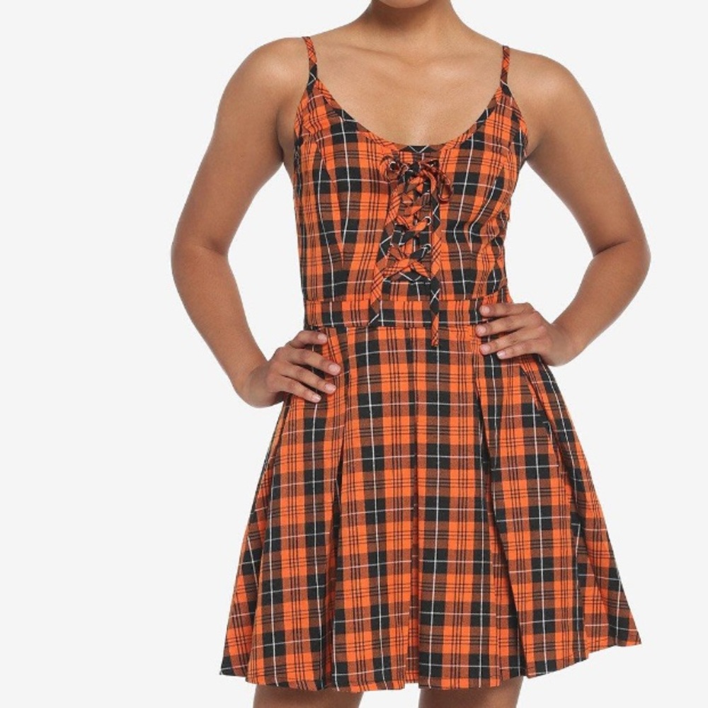 Hot Topic‎ Black & Orange Plaid Pleated Lace-Up Dress Halloween